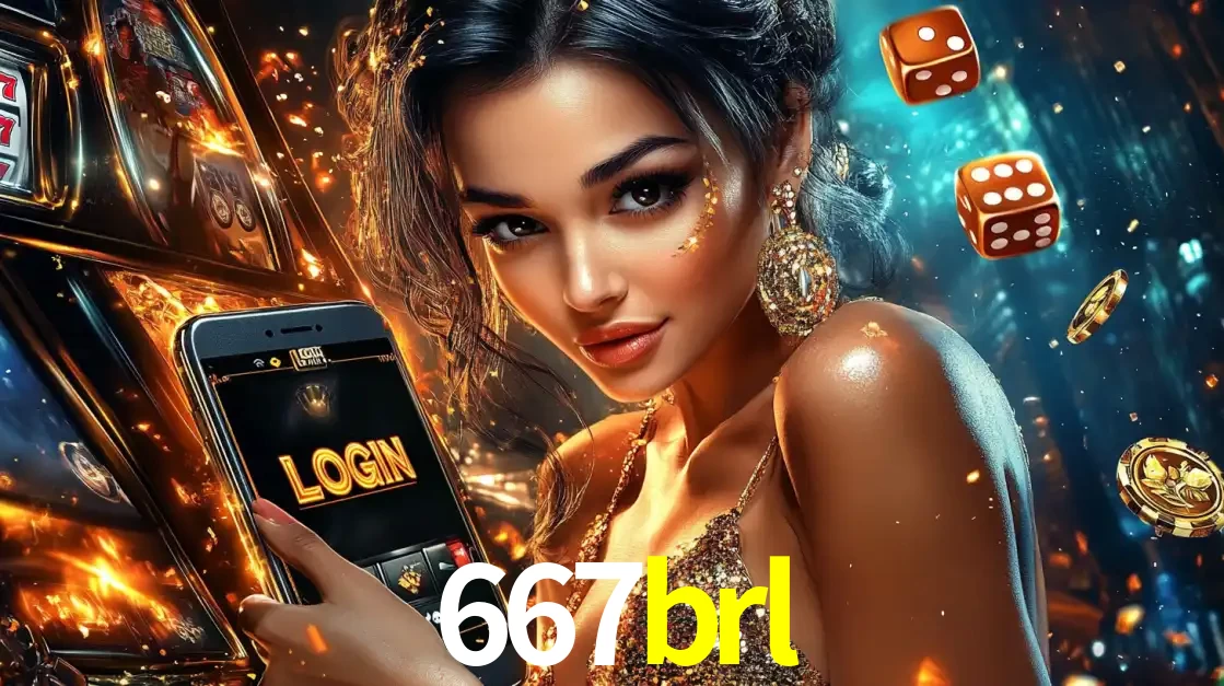 Mulher glamourosa segurando um celular com a tela de login do cassino 667brl, rodeada por dados e moedas douradas, pronta para começar a diversão.