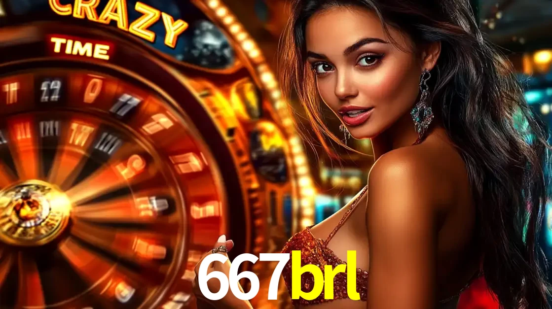 Mulher ao lado da roda de prêmios do jogo de cassino ao vivo Crazy Time, um dos shows de jogos mais emocionantes oferecidos pela plataforma de apostas 667brl.