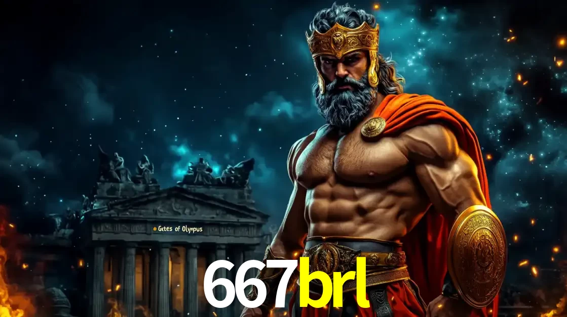 O poderoso Zeus do jogo de slot Gates of Olympus em frente ao seu templo, pronto para lançar multiplicadores divinos e prêmios épicos no cassino online 667brl.