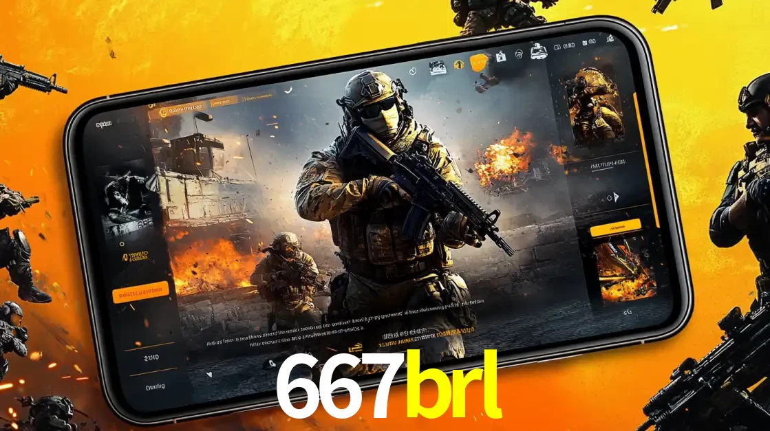 Um smartphone exibindo a interface de um jogo de tiro em primeira pessoa, com um soldado em um cenário de batalha, representando a ação dos e-sports para apostar no 667brl.
