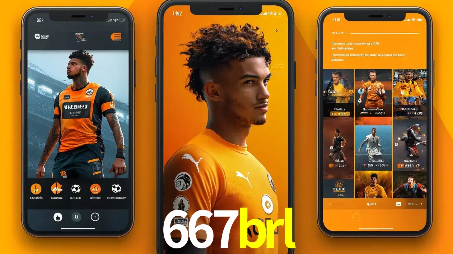 Interface do aplicativo de apostas esportivas 667brl em três telas de celular, mostrando o perfil de um jogador de futebol e a lista de jogos disponíveis para apostar.