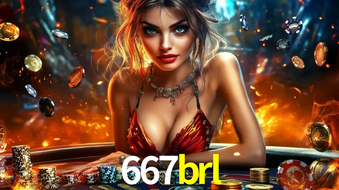 Mulher em uma mesa de cassino com pilhas de fichas e um fundo de fogo, pronta para uma rodada de altas apostas nos jogos de mesa emocionantes do cassino 667brl.