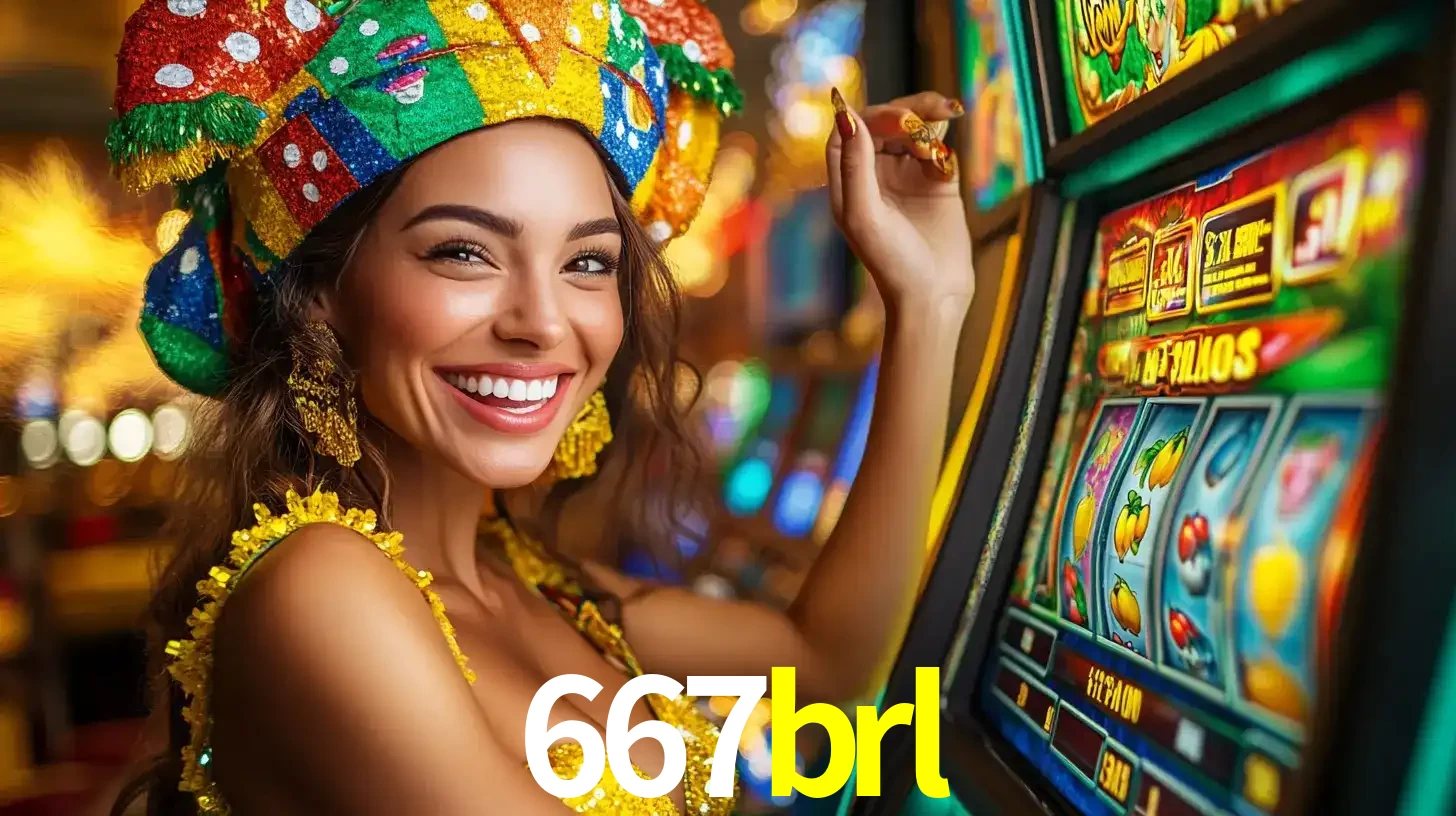 Mulher feliz com traje de carnaval amarelo e colorido ao lado de uma máquina de caça-níqueis, aproveitando a diversão e os jogos temáticos do cassino 667brl.