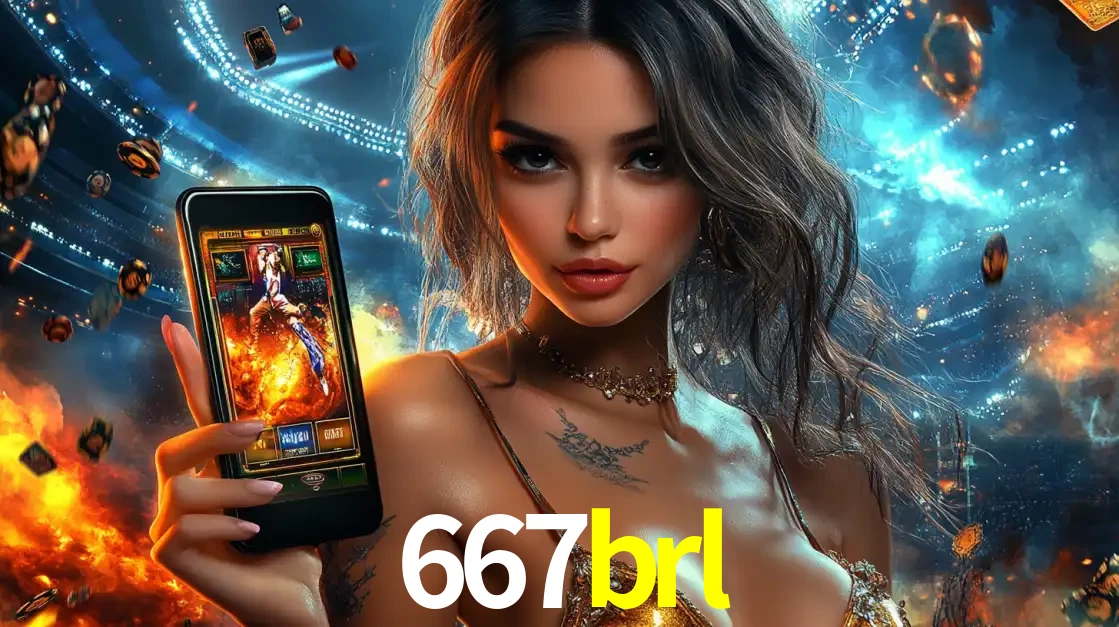Mulher segurando um celular com um jogo de slot em destaque, tendo como fundo um estádio vibrante, simbolizando a emoção de jogar no cassino móvel 667brl.