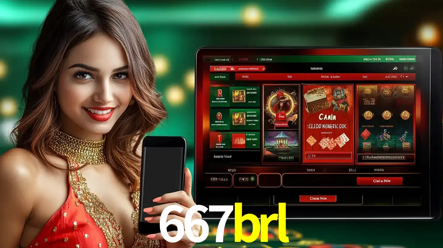 Mulher sorridente segurando um smartphone, ao lado de uma tela exibindo o lobby de jogos do cassino online 667brl, com várias opções de jogos de cartas e slots.